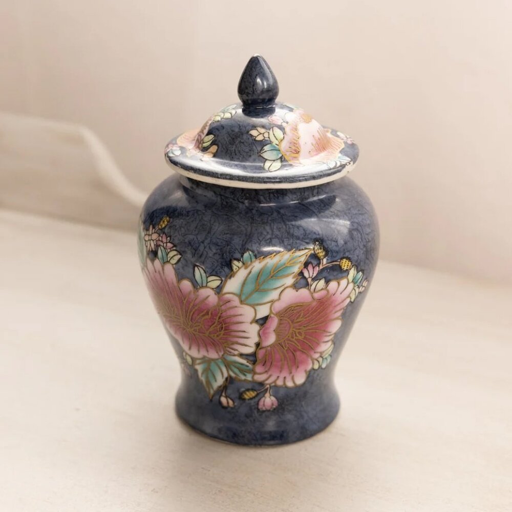 Small Blue Ceramic Lidded Ginger Jar with Gold Pink Green Floral Designs